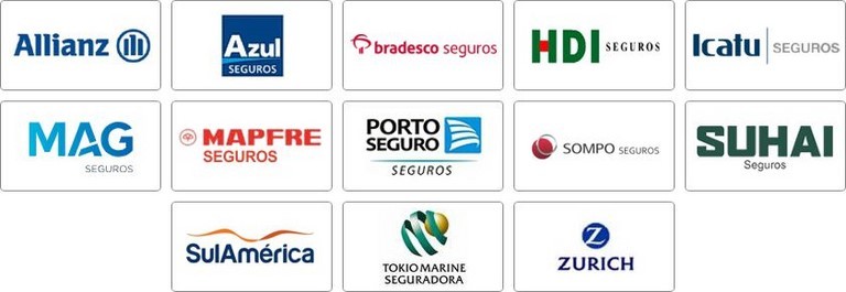 Azul, Allianz, Bradesco, HDI, Mapfre, Porto, Sompo, Suhai, Sul America, Tokio, Zurich, Icatu, Mag Azul, Allianz, Bradesco, HDI, Mapfre, Porto, Sompo, Suhai, Sul America, Tokio, Zurich, Icatu, Mag