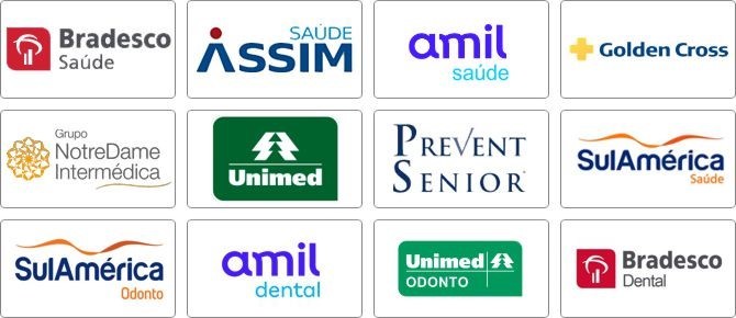 Porto Seguro, Azul, Mapfre, Tokio, Liberty, Aliro, HDI, Bradesco, Allianz, Sul América, Essor, Junto Seguros, Zurich, Bradesco Saúde, Bradesco Dental, Sul América Saúde, Sul América Odonto..
